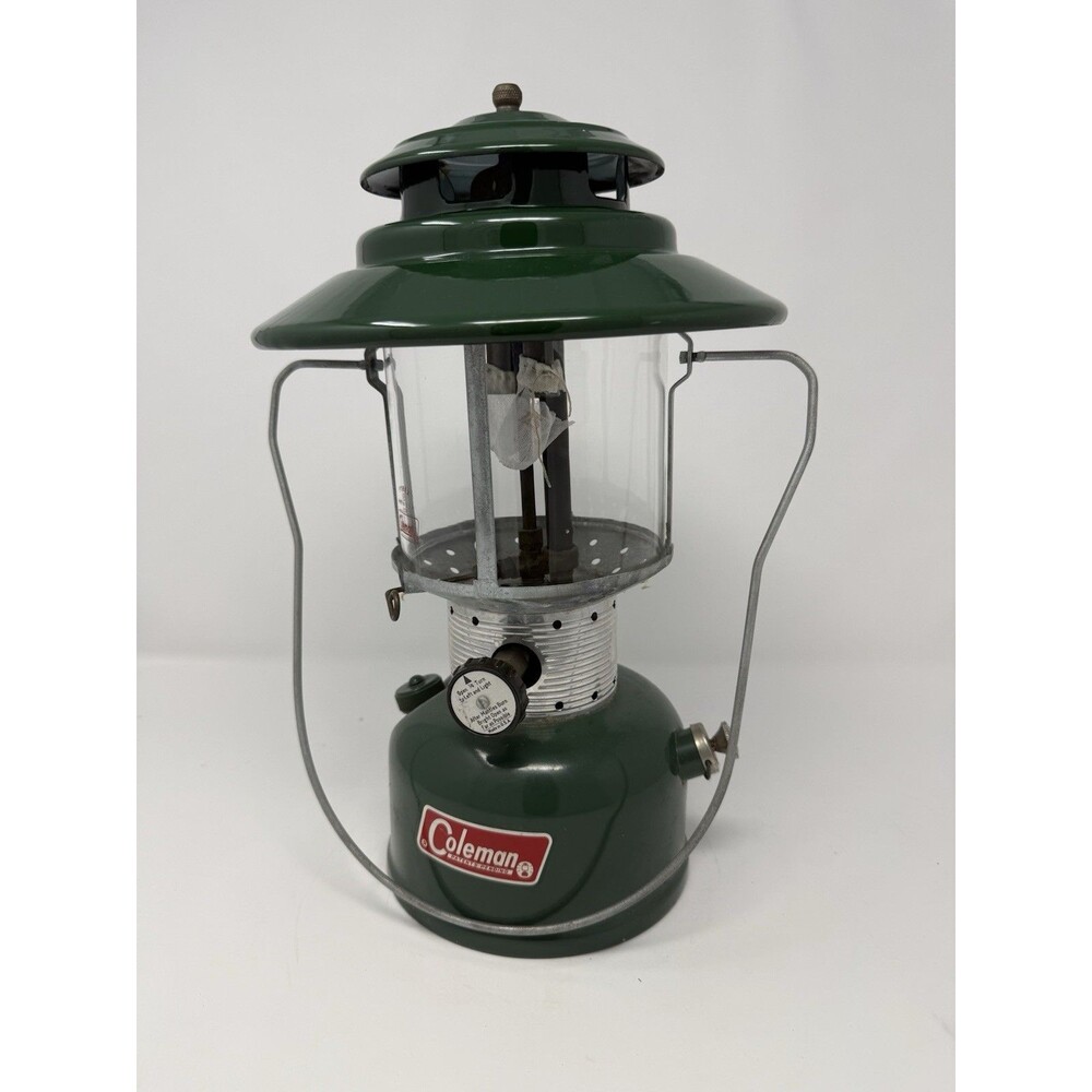 Coleman 228F “Big Hat” Green Gas Camping Lantern w/ Pyrex Glass Globe, 07/1970